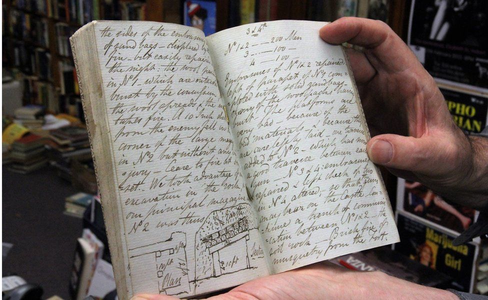 Pages of the journal, being held open by two hands