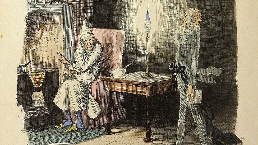 Leech's illustration of Scrooge meeting Marley's ghost