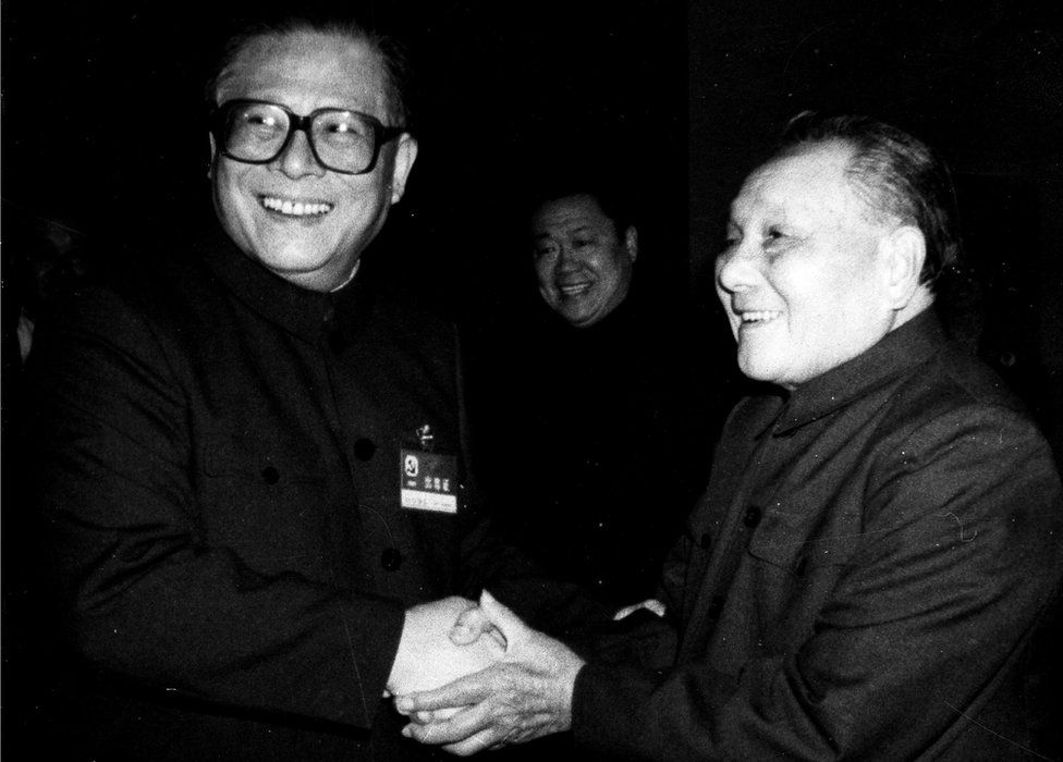 Deng Xiaoping (R) and Jiang Zemin