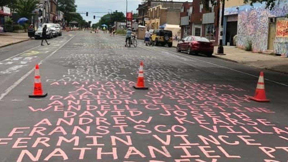 Chicago Avenue, Minneapolis, site of George Floyd death, painted with names of people who died in police custody