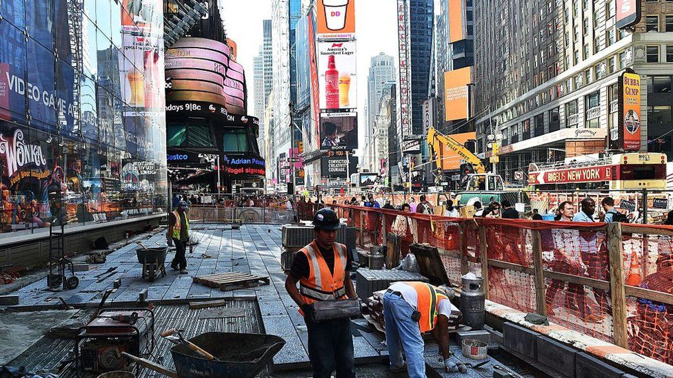 Construction workers in Time Square