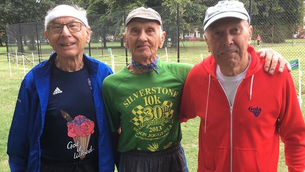 Bob Emmerson, centre, with fellow octogenarian parkrunners Gerald Billis, left, and Alan Palmer, right, both 84