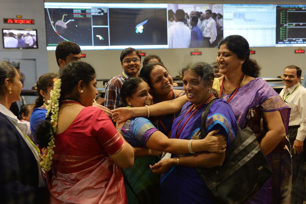 Women at Isro celebrating the moment when Mars orbit was achieved