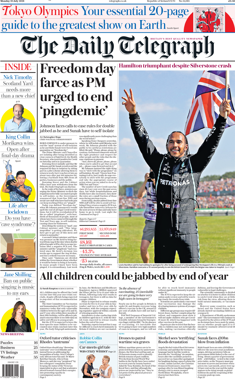 The Daily Telegraph front page 19 July 2021