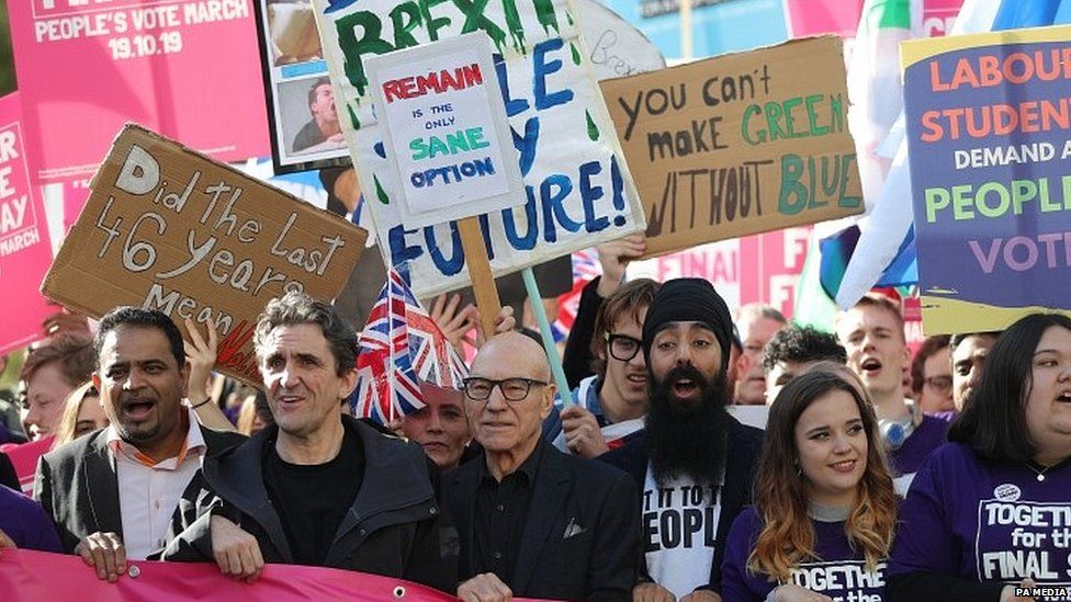 Actors Sir Patrick Stewart and Paul McGann join a demonstration in central London calling for another referendum