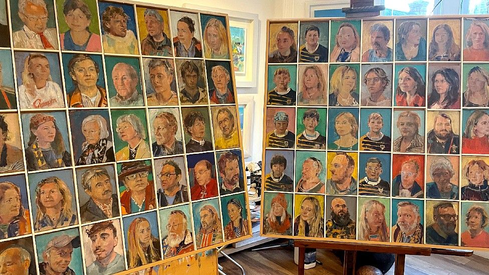 Composite of portraits displayed on two boards