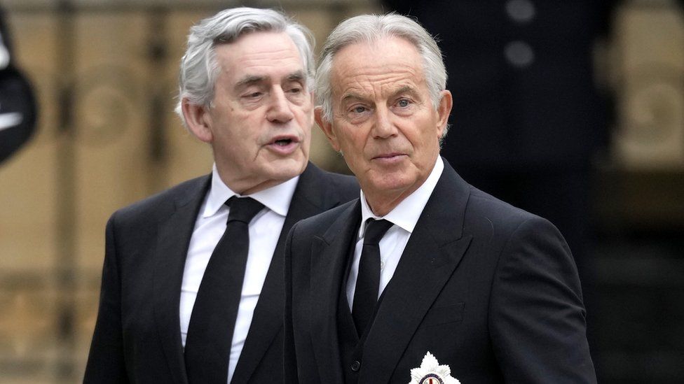 Tony Blair and Gordon Brown arrive for the Queen's funeral