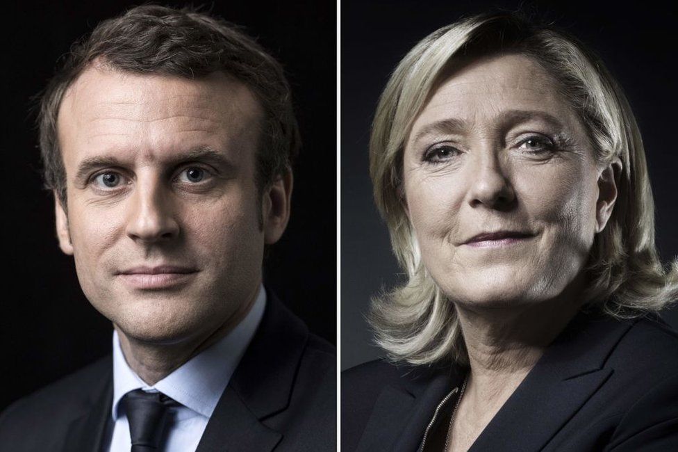 A combination of picture made on April 23, 2017 shows French presidential election candidate for the En Marche ! movement Emmanuel Macron and French presidential election candidate for the far-right Front National (FN) party Marine Le Pen posing in Paris.