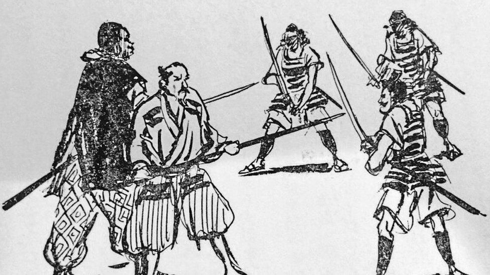 A drawing of Yasuke and Oda Nobunaga pointing their swords at enemies