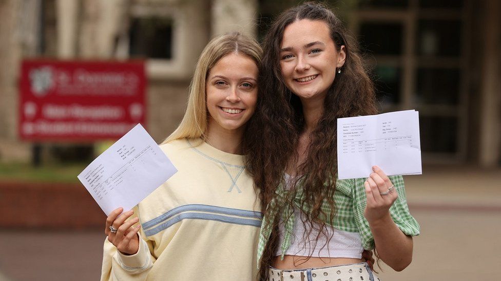 Two students in Belfast getting their A-level results, 2021