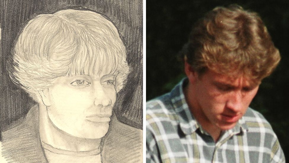 A composite image showing a police artist's sketch of the "fair-haired attacker" and a surveillance image of Matthew White