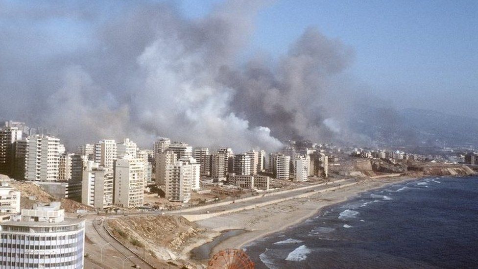 Smoke rises from Israeli shelling of West Beirut (August 1982)
