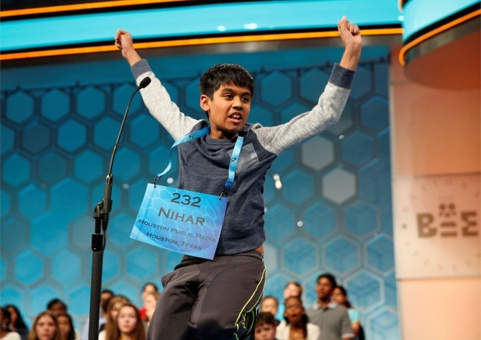 Nihar Saireddy Janga of Austin, TX, leaps for joy upon spelling a word in the final round of Scripps National Spelling Bee at National Harbor in Maryland, U.S. May 26, 2016.
