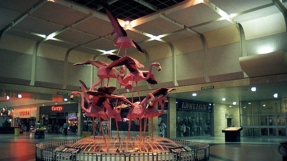 A flamingo fountain in the former Arndale shopping centre in Luton