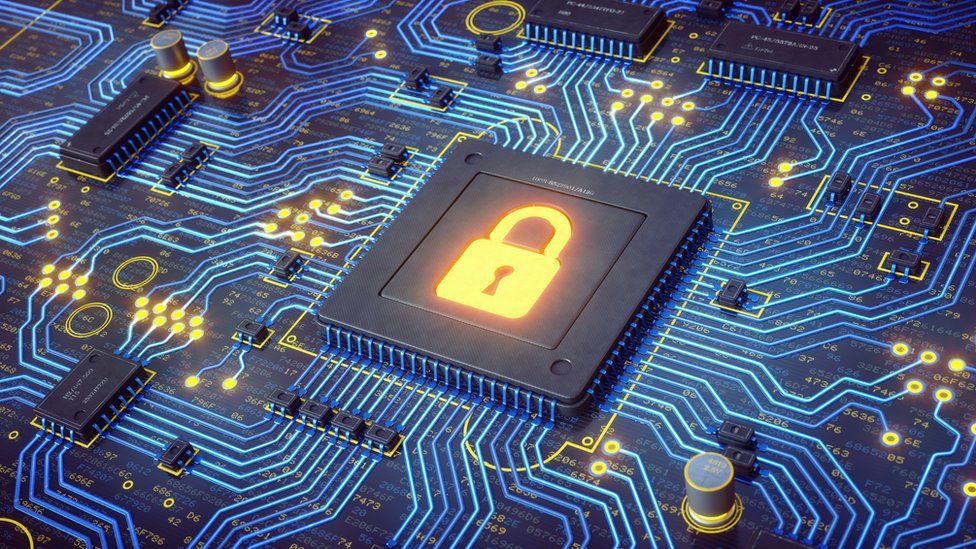 A padlock on a circuit board