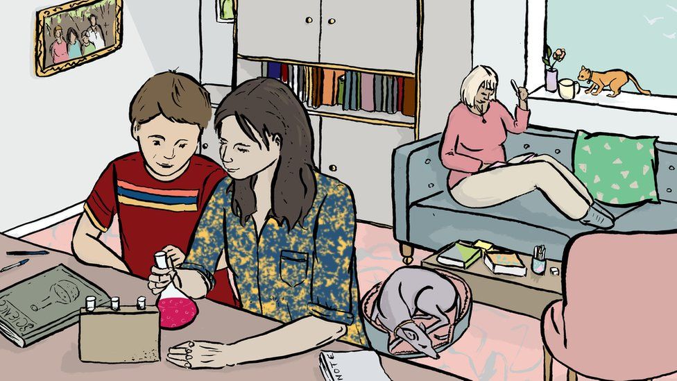 Illustration of a brother and sister conducting a science experiment at home. Illustrations by Emma Russell