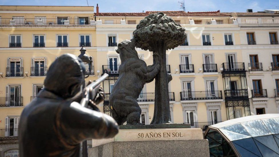 A sculpture of King Emeritus Juan Carlos I with a hunting rifle, at Puerta del Sol, on 25 April, 2023 in Madrid, Spain.
