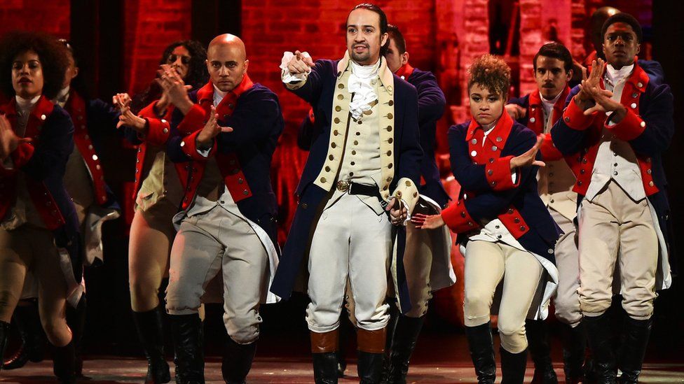 Lin-Manuel Miranda with the Broadway cast of Hamilton