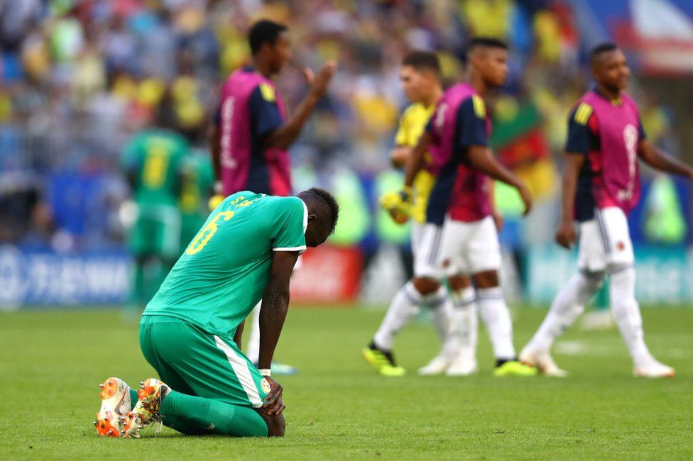 Salif Sane of Senegal looks dejected following his sides defeat in the 2018 FIFA World Cup Russia group H match between Senegal and Colombia at Samara Arena on June 28, 2018 in Samara, Russia.