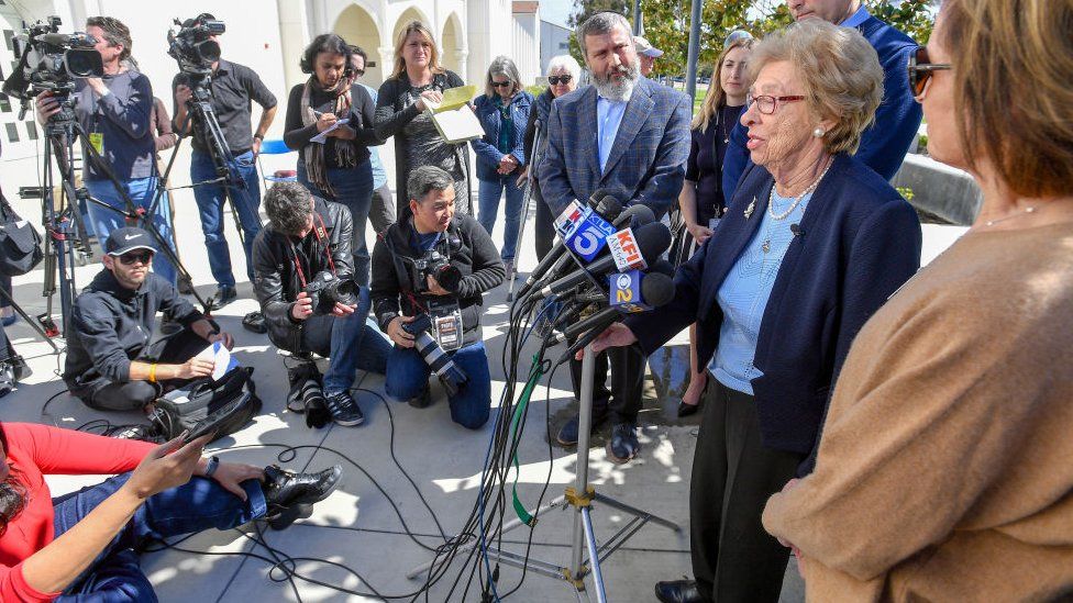 Eva Schloss addresses the media at Newport Harbor High School after Schloss meet with students involved in a party with Nazi salutes around a makeshift swastika in Newport Beach