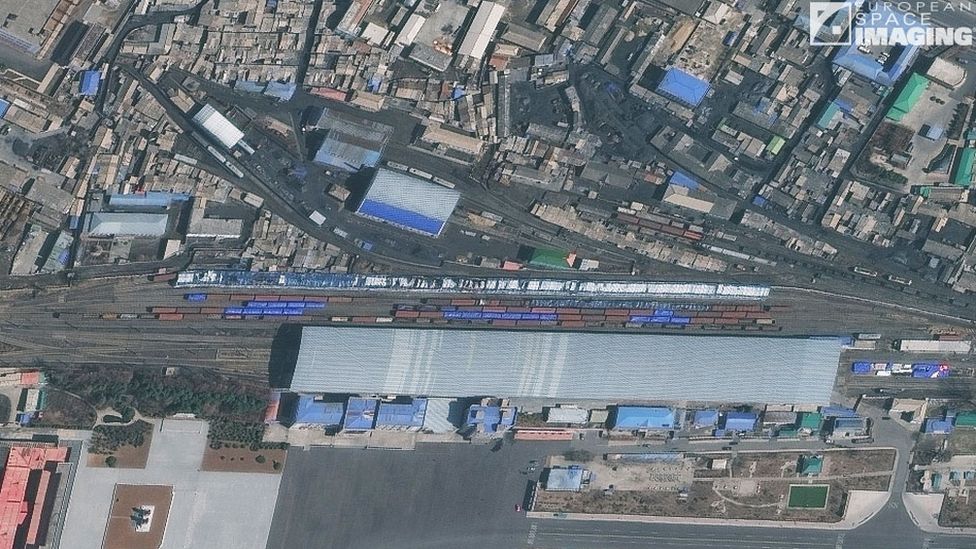 A satellite image of trains at the Sinuiju rail station in North Korea