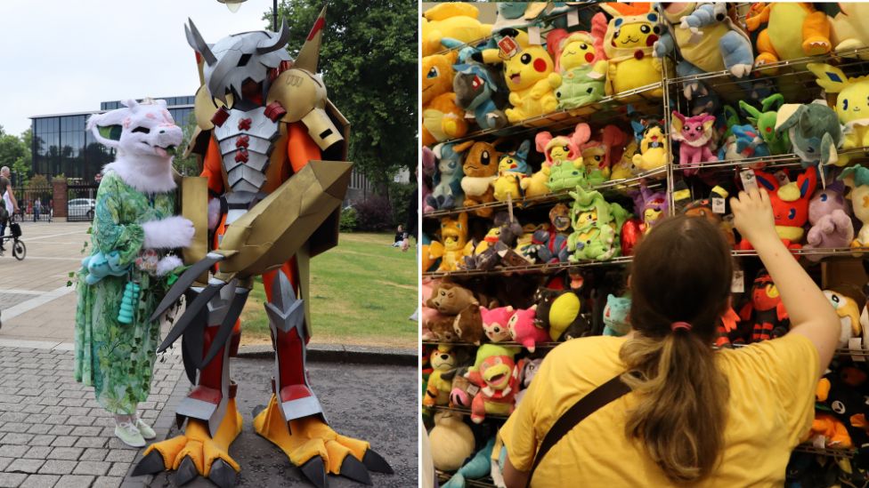 Q-Con costumes and a girl reaching for pokemon toys