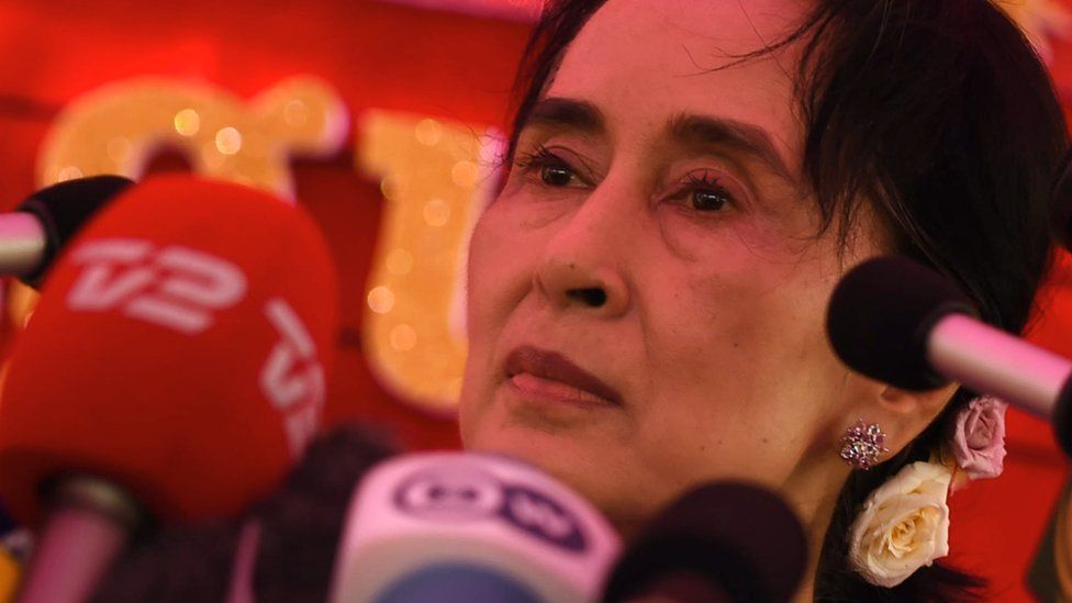 Aung San Suu Kyi speaks at a press conference from her residential compound in Yangon on November 5, 2015