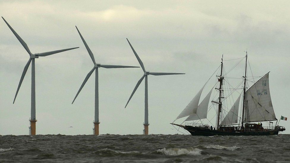 Yacht sails past windfarm