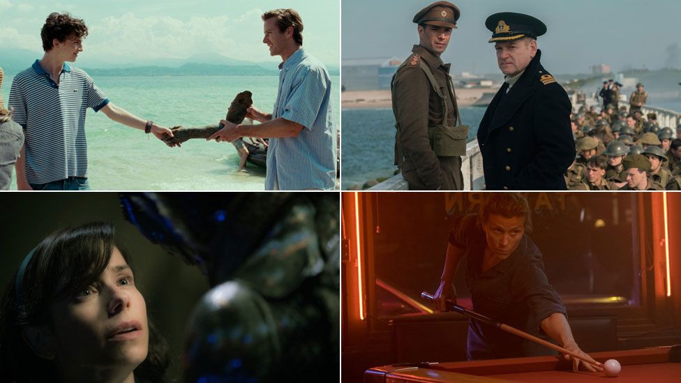 Clockwise from top left: Call Me By Your Name, Dunkirk, Three Billboards Outside Ebbing, Missouri and The Shape of Water