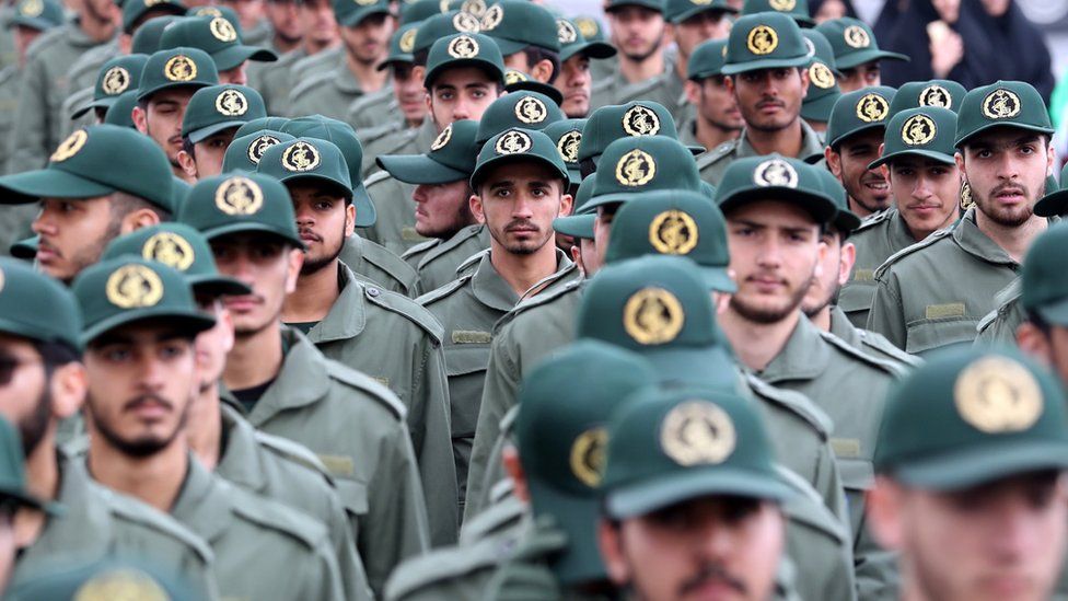 Iranian Revolutionary Guards personnel in Tehran on 11 February 2019