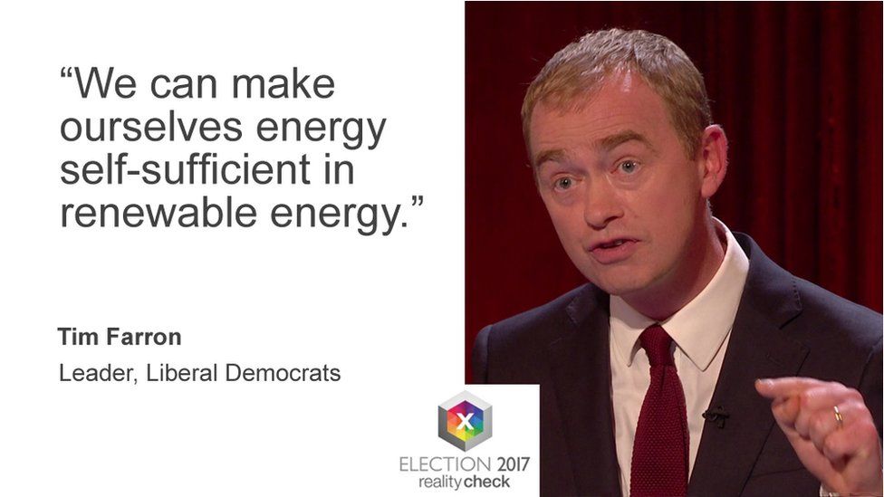 Tim Farron saying: We can make ourselves energy self-sufficient in renewable energy.