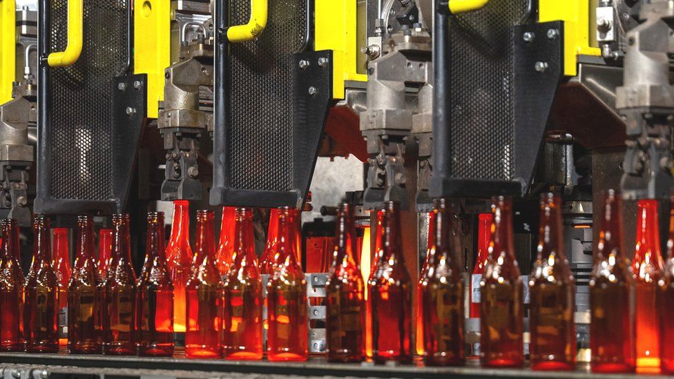 Glass bottles being made at Ardagh Packaging Group plant in Obernkirchen, Germany