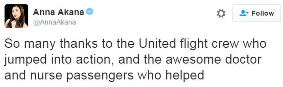 "So many thanks to the United flight crew who jumped into action, and the awesome doctor and nurse passengers who helped"