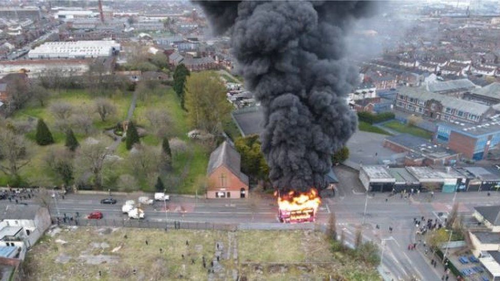 Drone footage shows the bus fire in the Shankill area