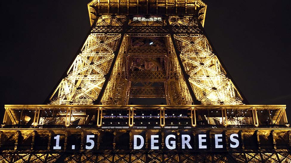 Eiffel Tower illuminated with a sign reading "1.5 degrees"
