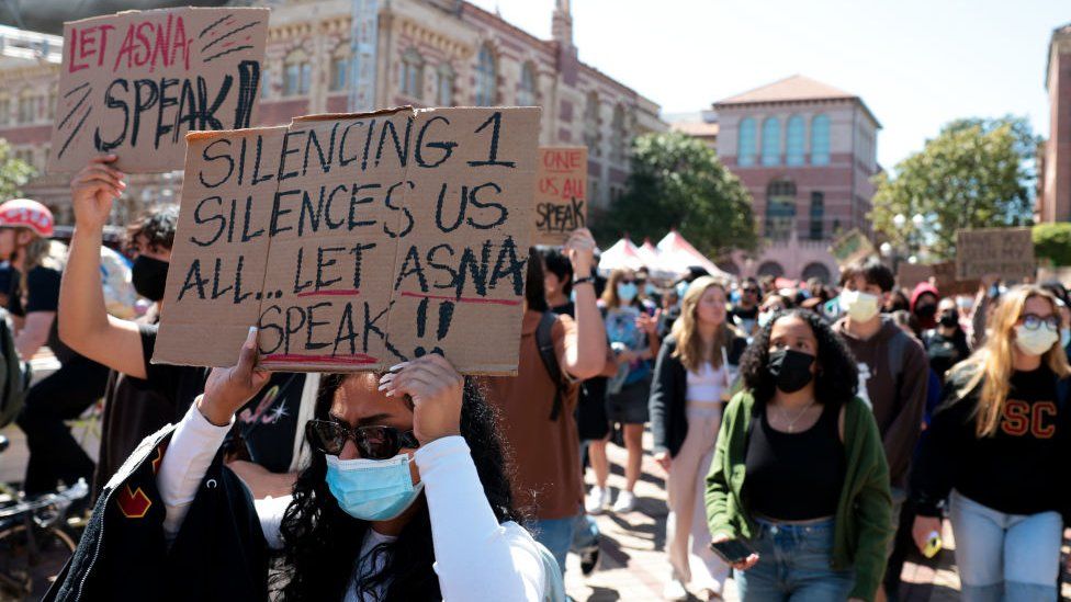USC students participate in a silent march in support of Asna Tabassum, whose graduation speech has been cancelled by USC administration at University of Southern California on Thursday, April 18, 2024