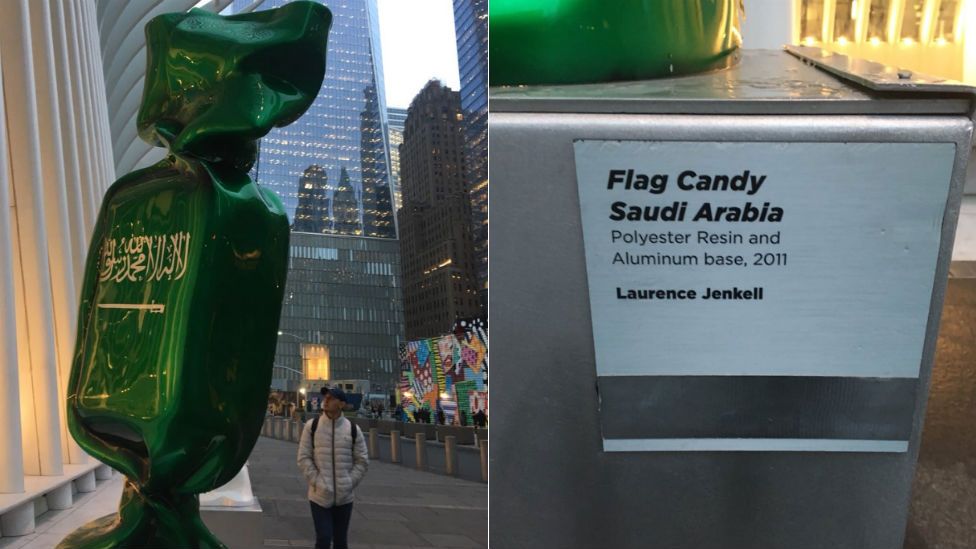 A sculpture that partly features the Saudi flag in New York
