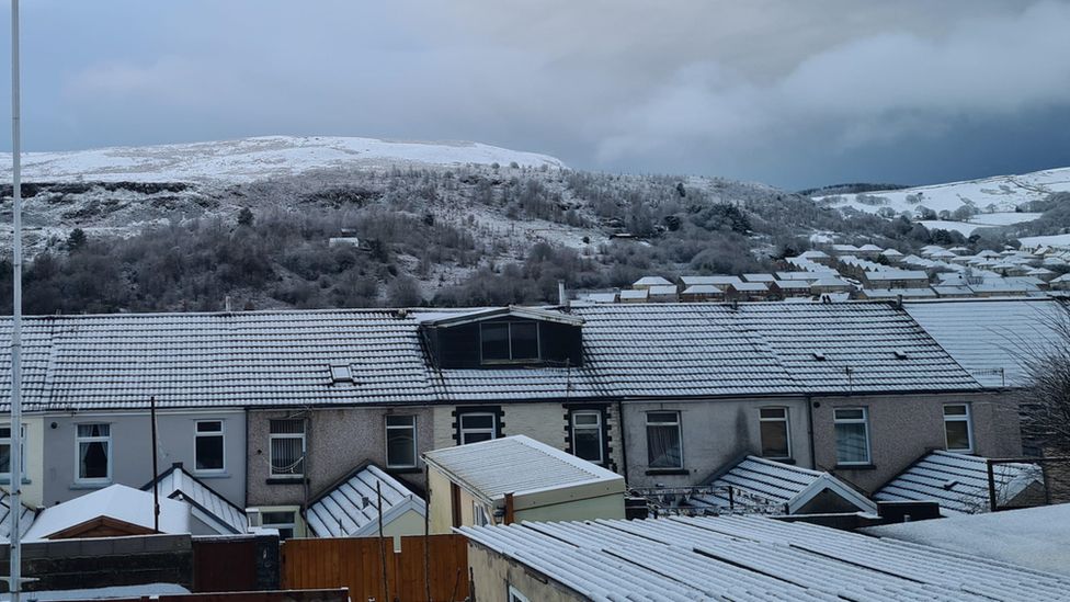 Snowy hillside over Tonypandy, Rhondda Cynon Taf