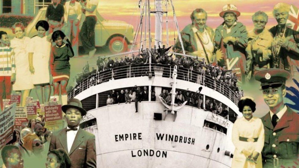 Artwork featuring the Empire Windrush and people of the Windrush generation