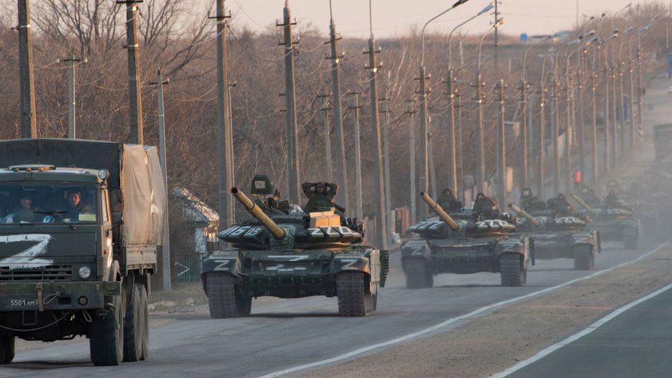 A column of Russian tanks marked with the Z symbol in eastern Ukraine, 23 March 2022