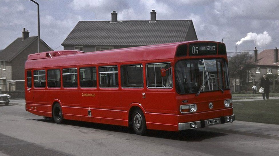 Cumberland 350 (ERM35K), the very first Leyland National to enter public service, seen here on the first day operating the 05 Town Service at West Cumberland Hospital in March 1972