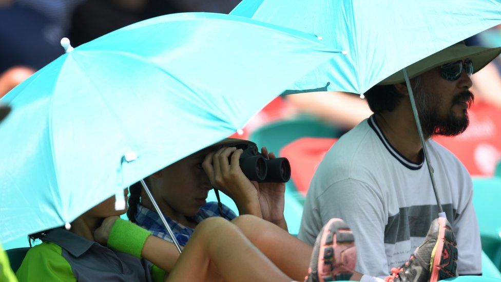 Spectators shelter from the sun and heat on Day 4 of the Fifth Test match between Australia and England at the Sydney Cricket Ground on 7 Jan 2018