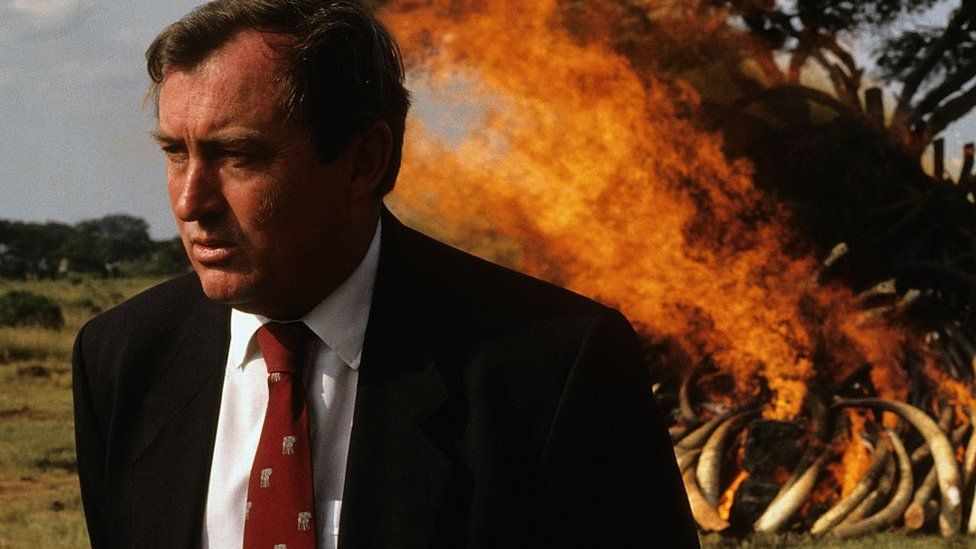 Dr. Richard Leakey, Minister of the Environment. More than twenty (20) tons of Elephant tusks, captured from poachers, are burned to keep the ivory off the international market and to discourage the illegal killing of elephants for their tusks