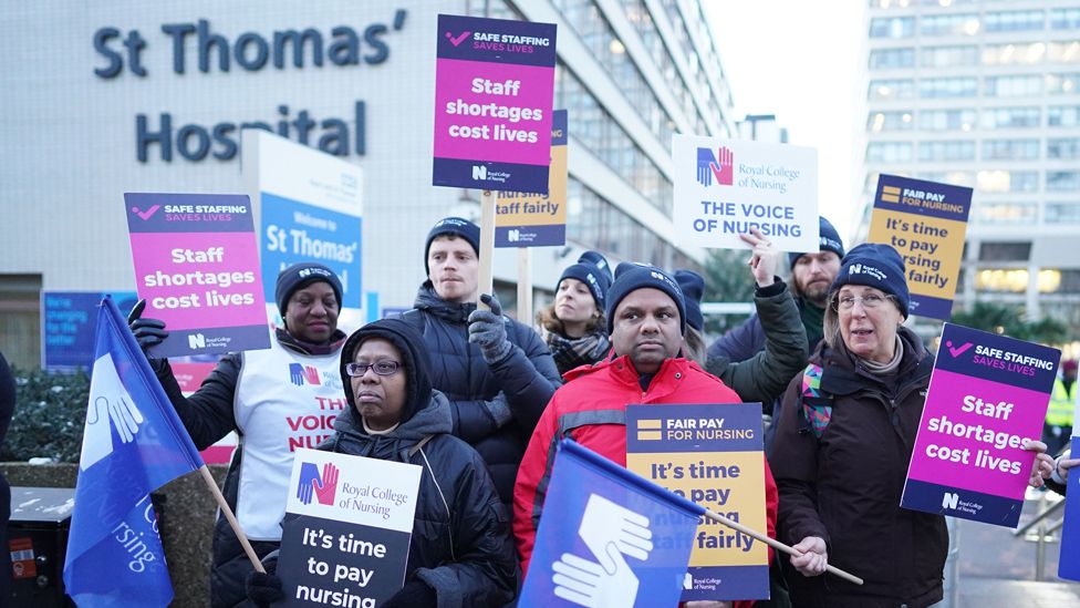 Members of the Royal College of Nursing (RCN) on the picket line outside St Thomas' Hospital in London