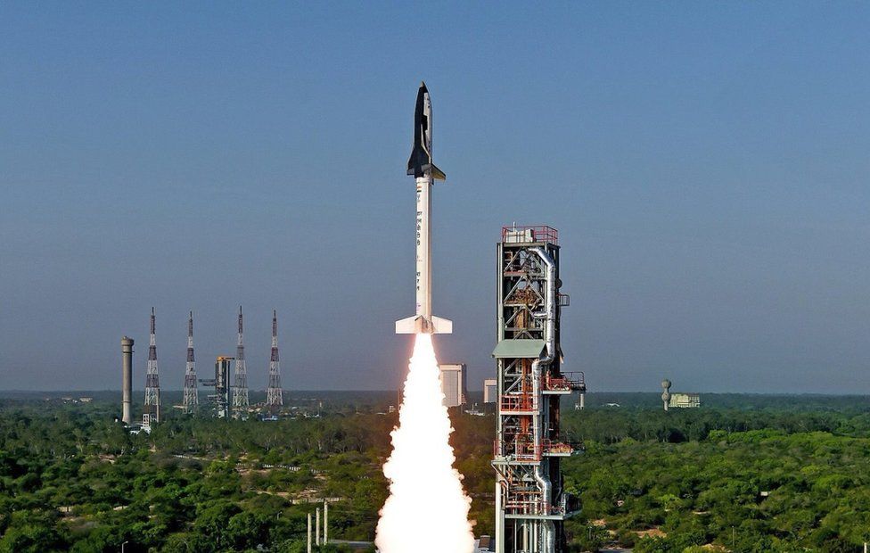 A handout photograph released by the Indian Space Research Organization (ISRO) on 23 May 2016 shows India's Reusable Launch Vehicle (RLV)-TD taking off from Sriharikota, Andhra Pradesh, 23 May 2016.