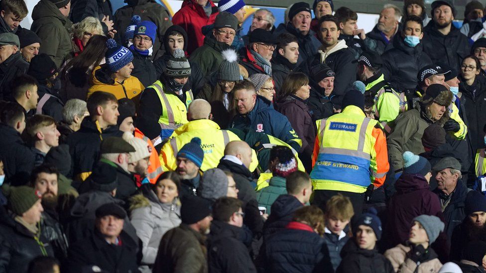 Play is stopped for a medical emergency in the stands during the match at Ewood Park