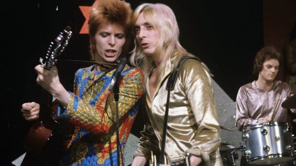 'Lift Off' - David Bowie with Mick Ronson. Mick 'Woody' Woodmansey on drums in the background - c 1972