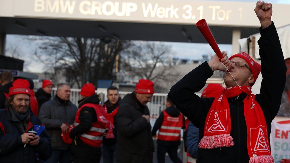 BMW workers during a 24-hour strike by German industrial trade union IG Metall in Berlin