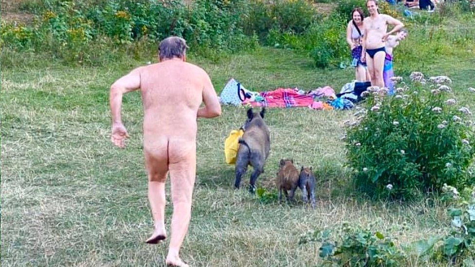 Naked man chasing wild boar