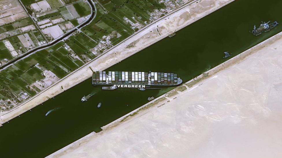 Satellite image from Cnes2021, Distribution Airbus DS showing Ever Given blocking the Suez Canal (25 March 2021)